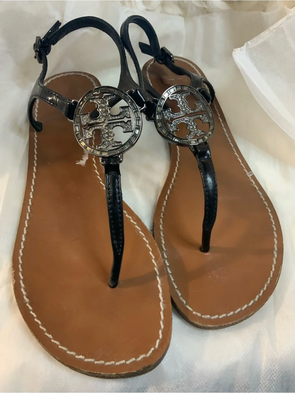 Tory Burch Black Leather Logo Thong Sandals with Tan Footbed